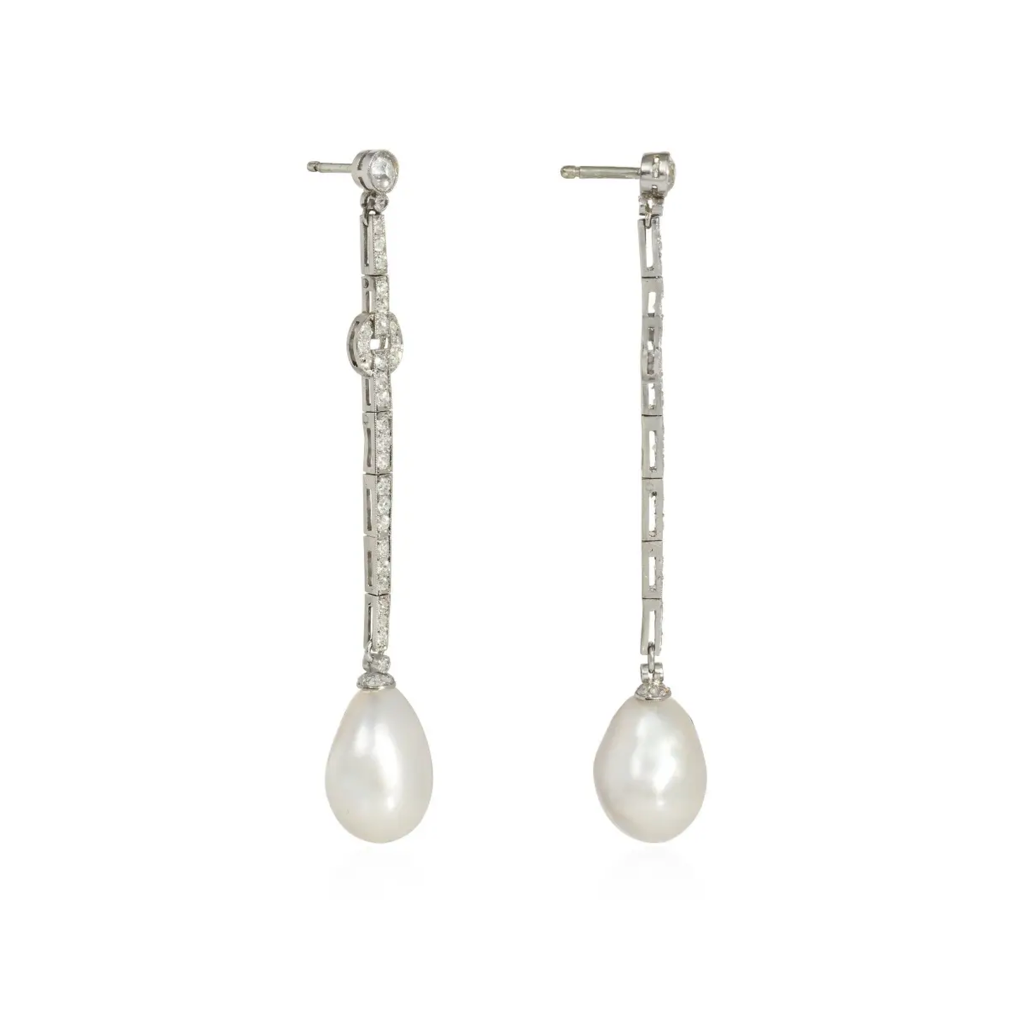 French Art Deco Platinum Natural Pearl & Diamond Earrings side