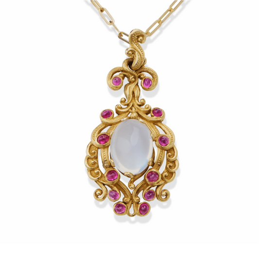 Victorian 14KT Yellow Gold Moonstone & Ruby Necklace front