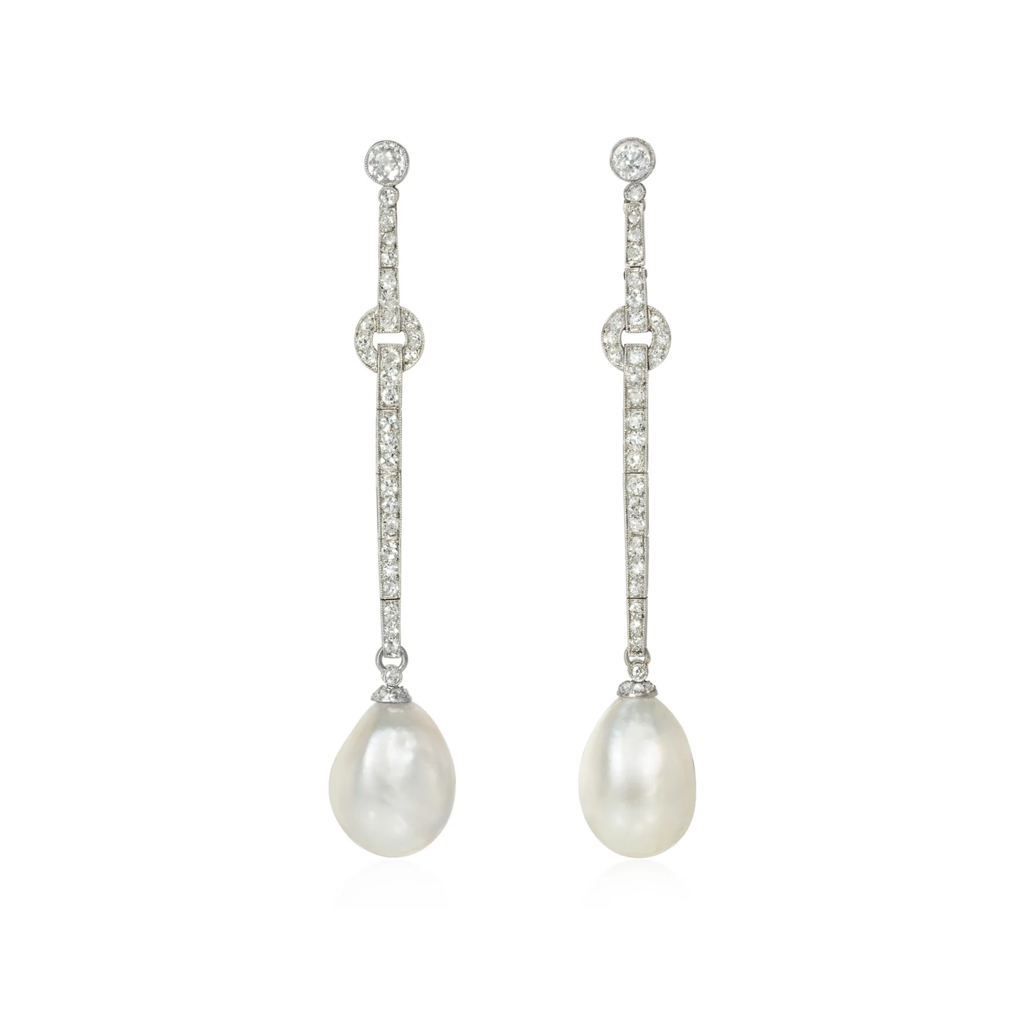 French Art Deco Platinum Natural Pearl & Diamond Earrings front