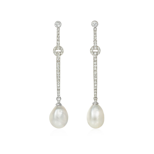 French Art Deco Platinum Natural Pearl & Diamond Earrings front