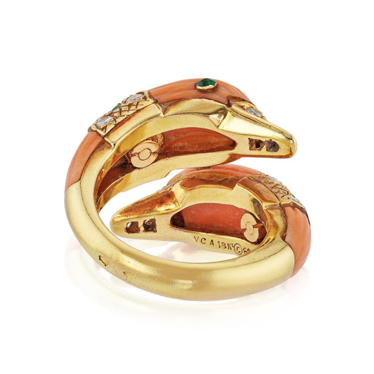 Van Cleef & Arpels France Post-1980s 18KT Yellow Gold Coral, Diamond & Emerald Duck Ring back