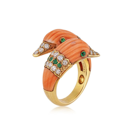 Van Cleef & Arpels France Post-1980s 18KT Yellow Gold Coral, Diamond & Emerald Duck Ring side