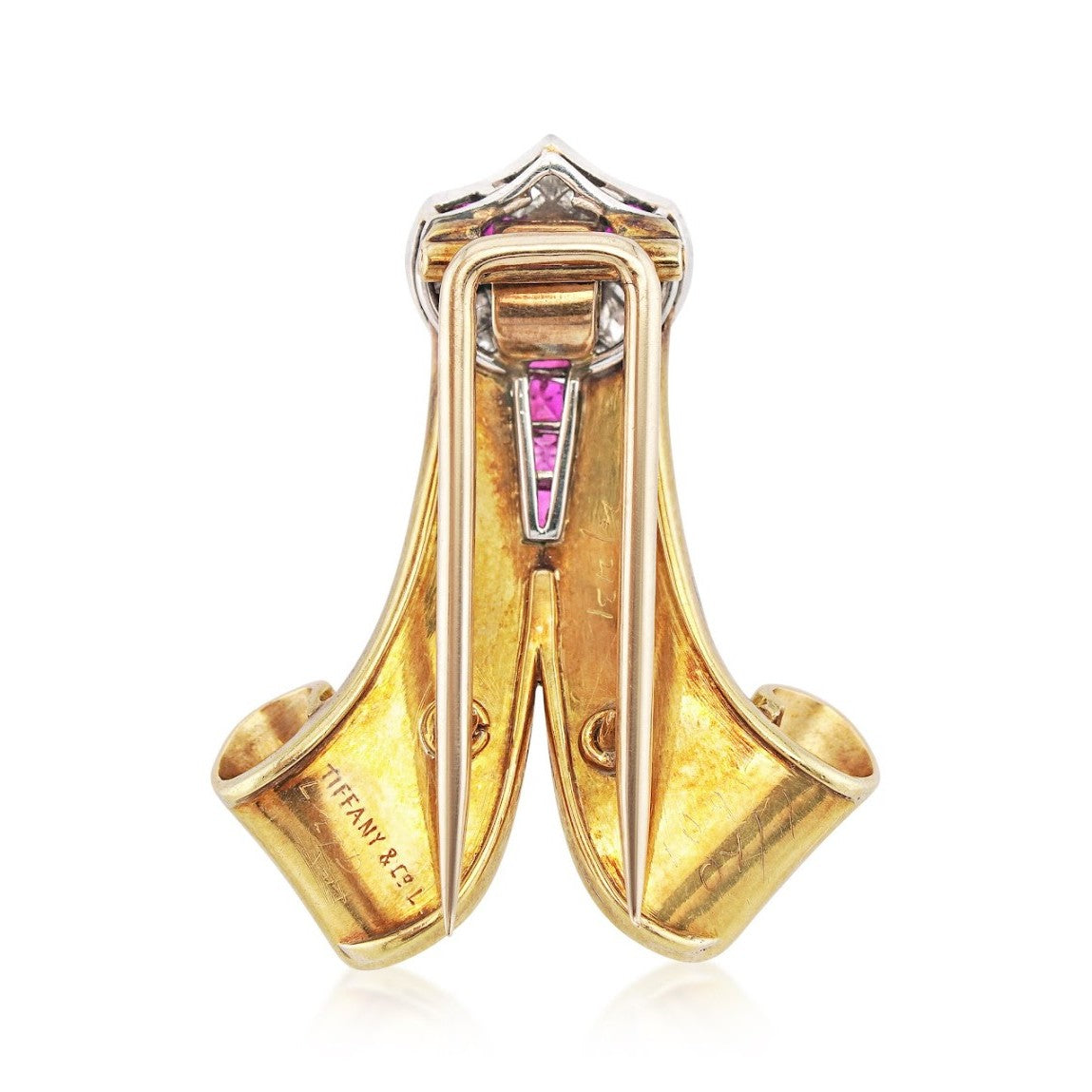 Tiffany & Co. 1940s 18KT Yellow Gold Ruby & Diamond Brooch back