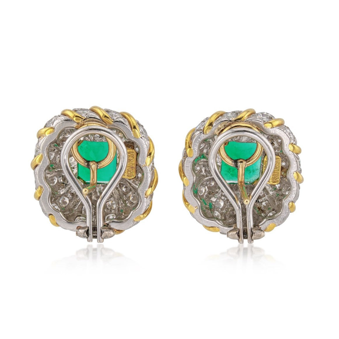 Fulco Di Verdura Post-1980s Platinum & 18KT Yellow Gold Emerald & Diamond Earrings back