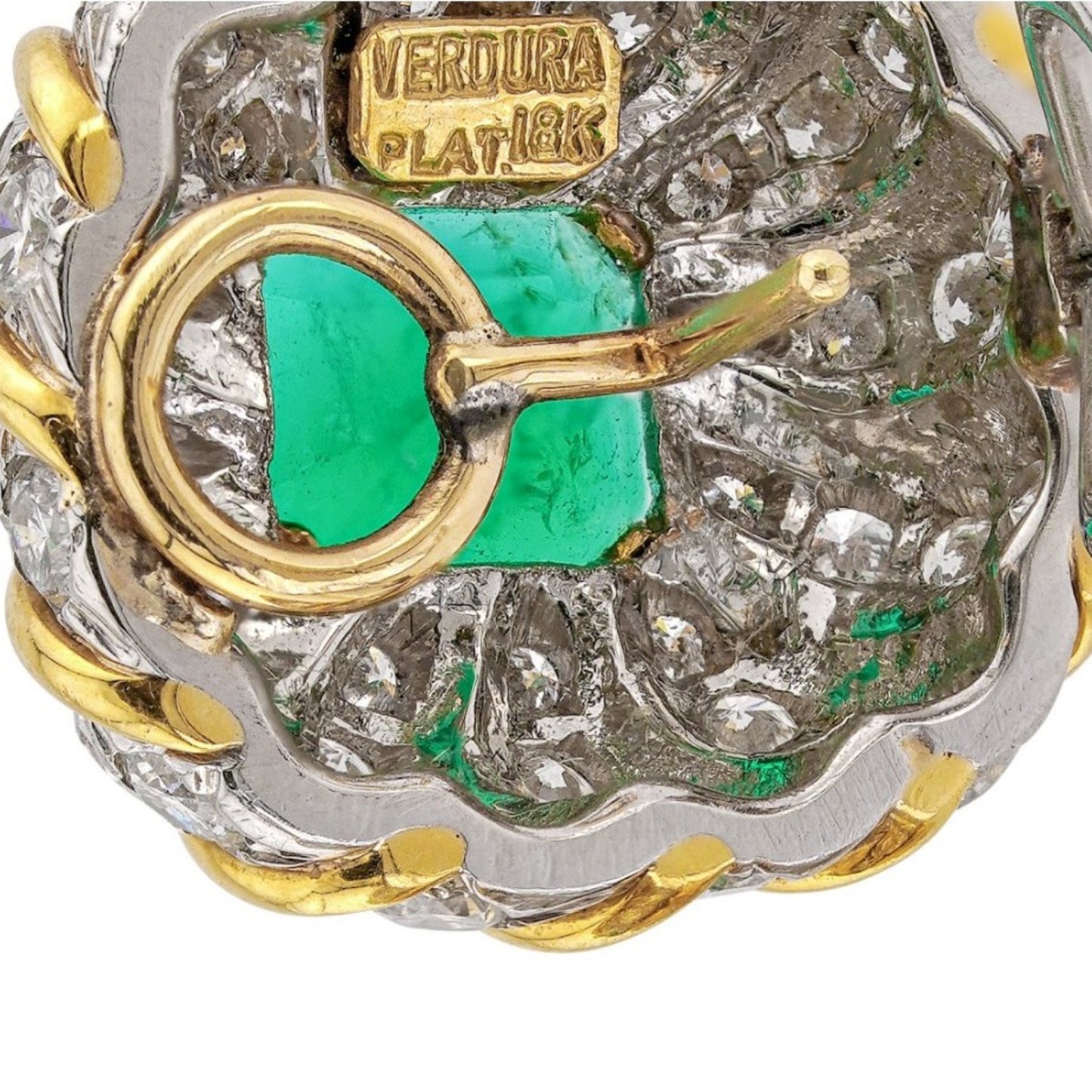 Fulco Di Verdura Post-1980s Platinum & 18KT Yellow Gold Emerald & Diamond Earrings signature