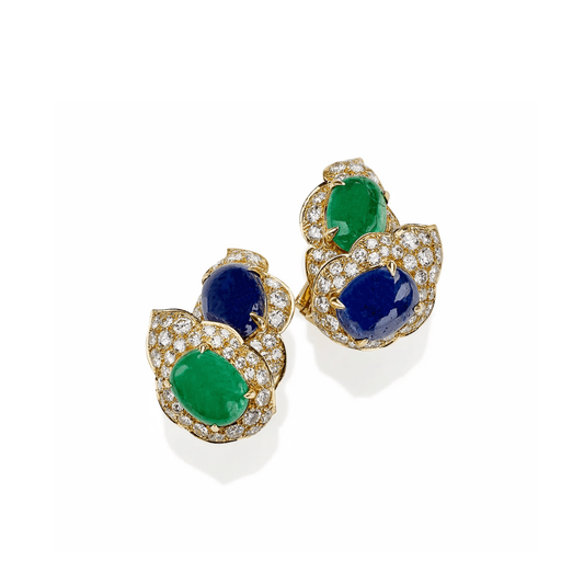 Bulgari 1980s 18KT Yellow Gold Emerald, Diamond, Sapphire Blue Earrings front