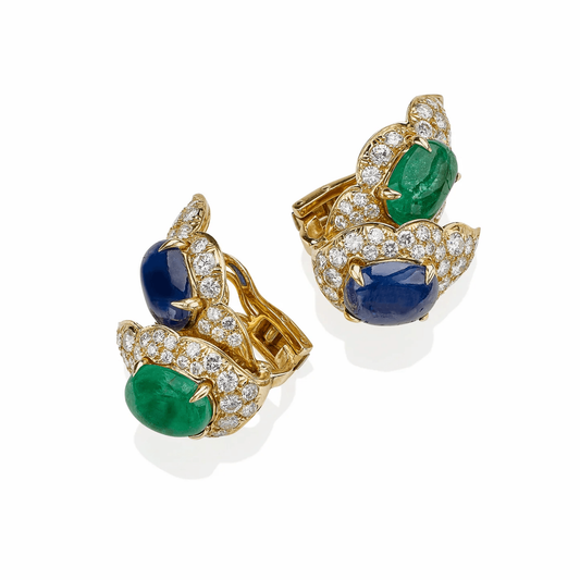 Bulgari 1980s 18KT Yellow Gold Emerald, Diamond, Sapphire Blue Earrings front