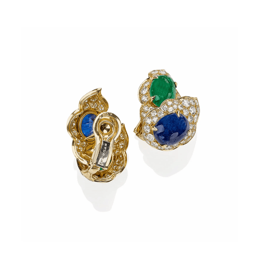 Bulgari 1980s 18KT Yellow Gold Emerald, Diamond, Sapphire Blue Earrings signature