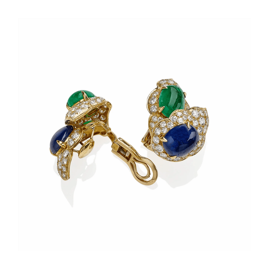 Bulgari 1980s 18KT Yellow Gold Emerald, Diamond, Sapphire Blue Earrings side