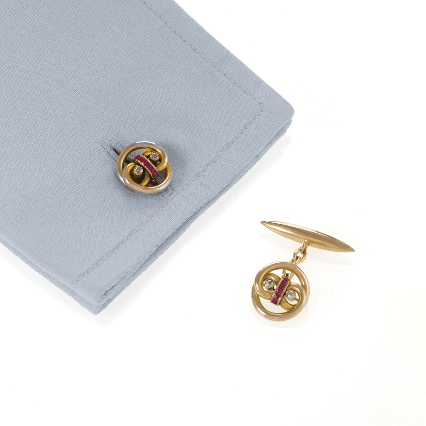 Edwardian 18KT Yellow Gold Ruby & Diamond Cufflinks on cuff