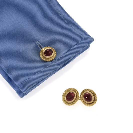 Edwardian 18KT Rose & Yellow Gold Garnet Cufflinks on cuff