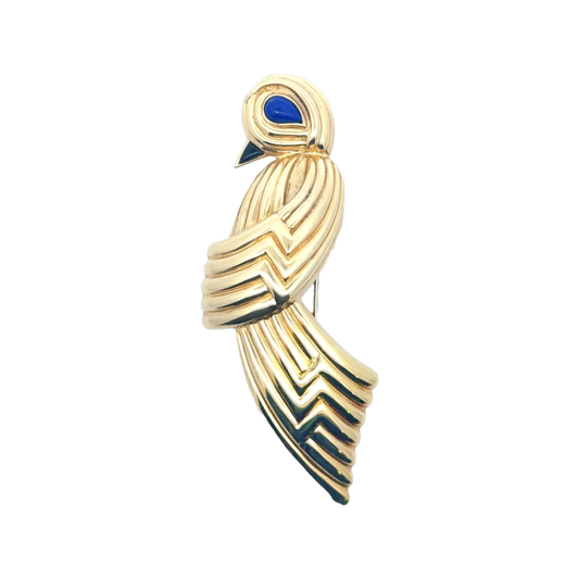 Boucheron French 1980s 18KT Yellow Gold Lapis Lazuli Bird Brooch front