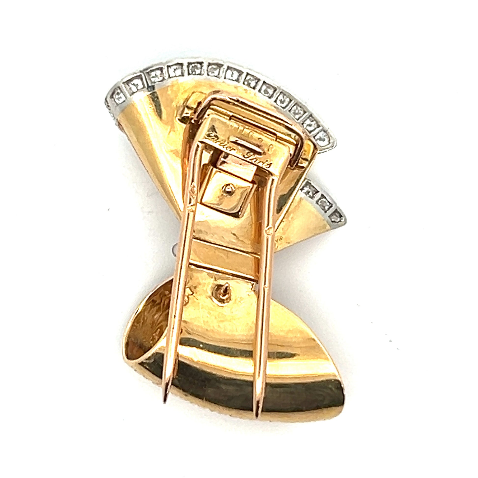 Cartier Paris 1960s Platinum & 18KT Yellow Gold Diamond Bow Brooch back and signature