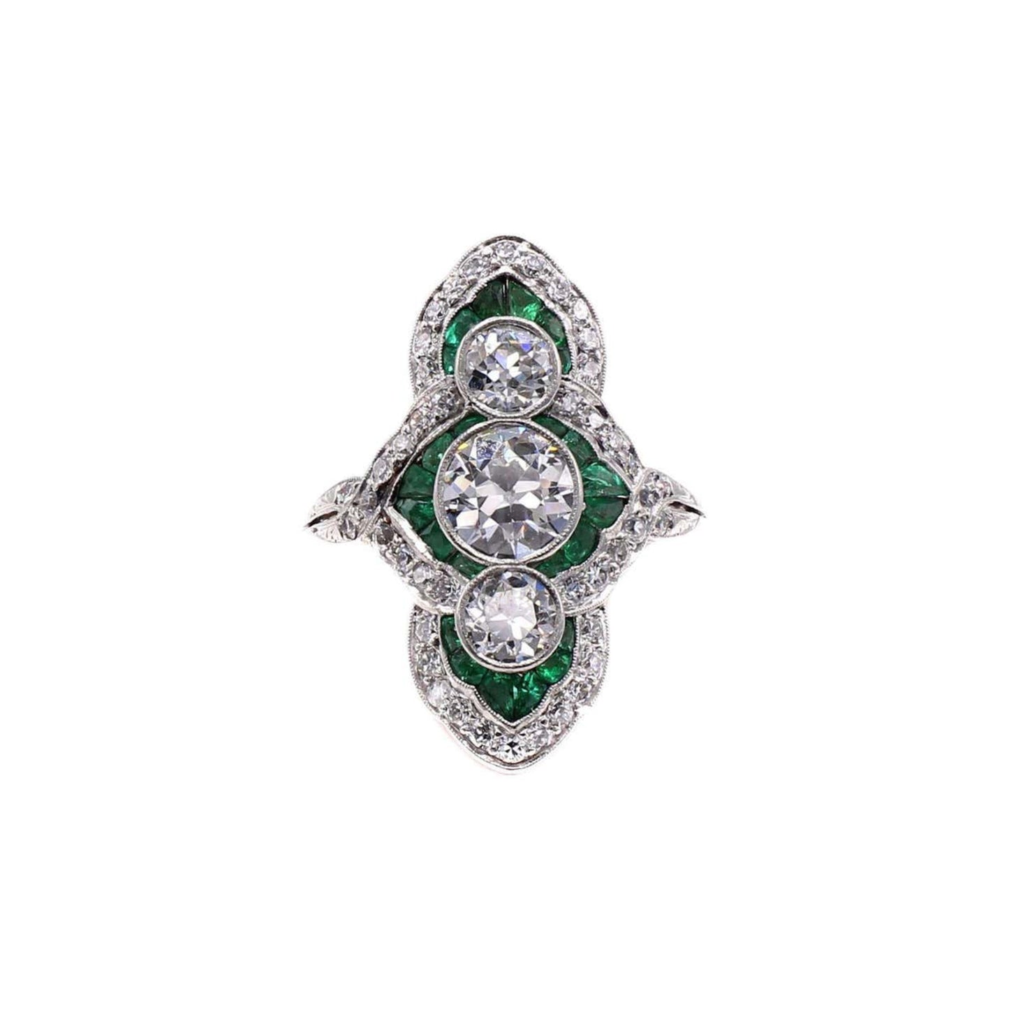 Art Deco Platinum Diamond & Emerald Ring front