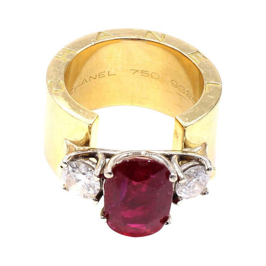 Chanel Paris 1970s 18KT Yellow Gold Ruby & Diamond Ring signature