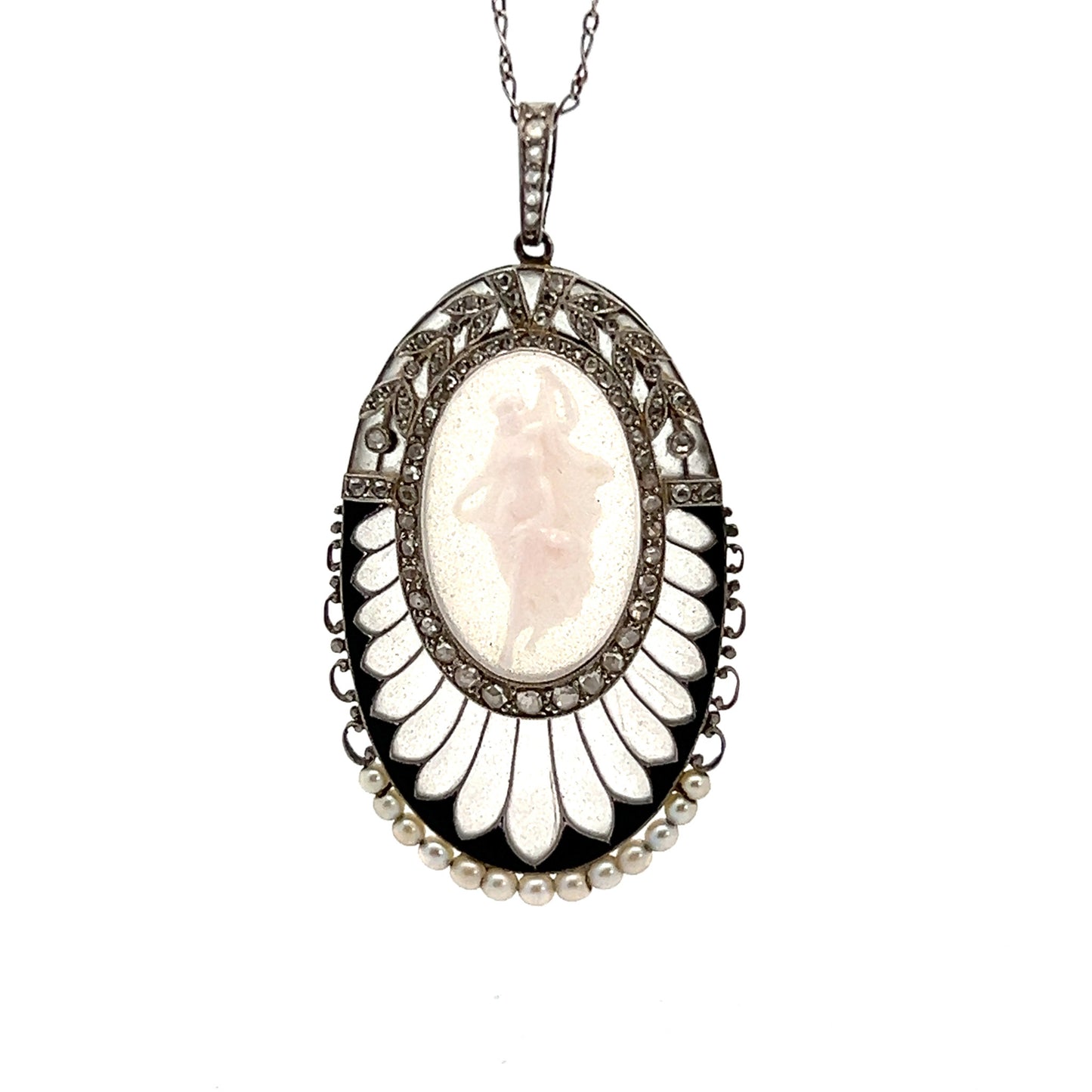 Edwardian Platinum & 18KT White Gold Cameo, Diamond, Enamel, Glass & Natural Pearl Necklace front