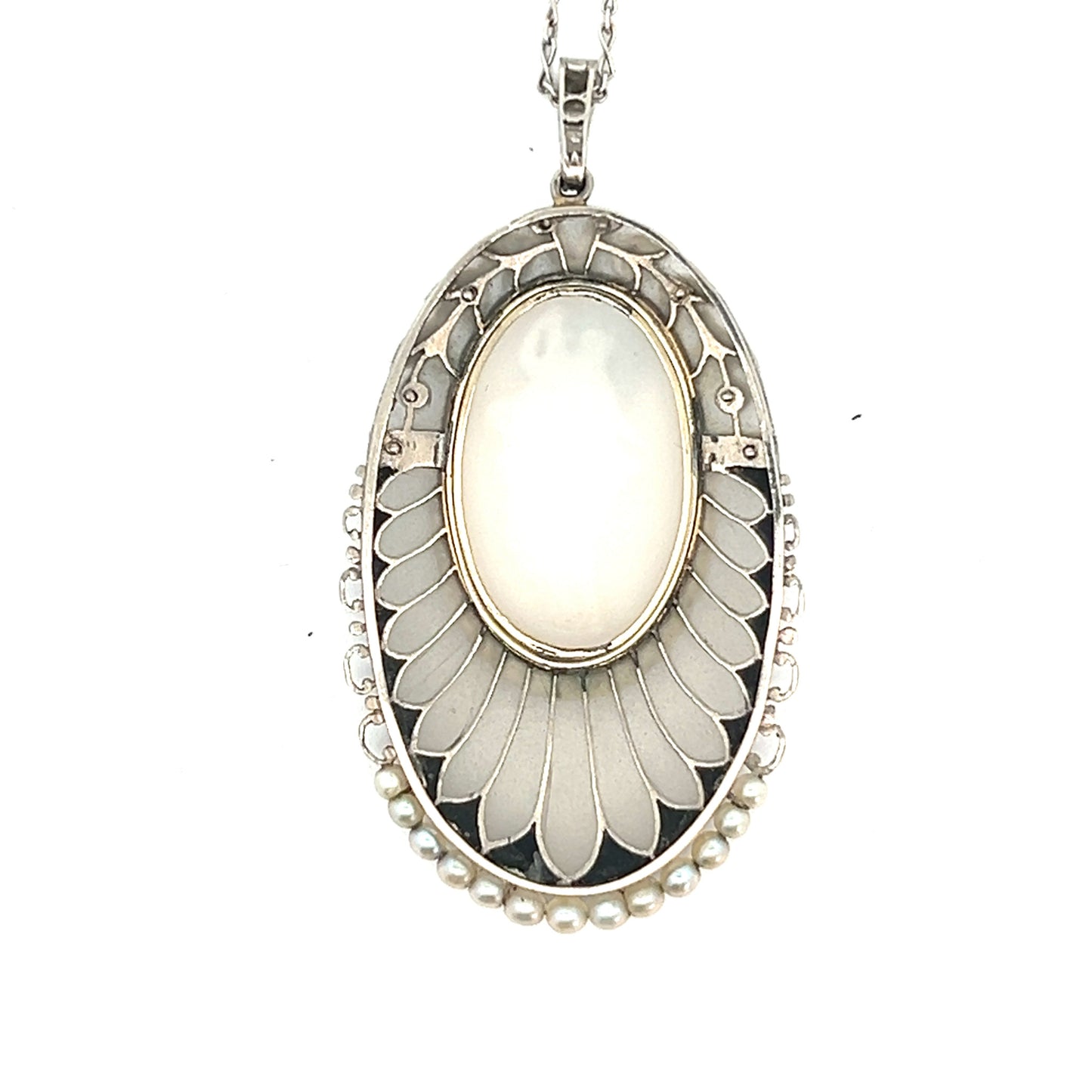 Edwardian Platinum & 18KT White Gold Cameo, Diamond, Enamel, Glass & Natural Pearl Necklace back