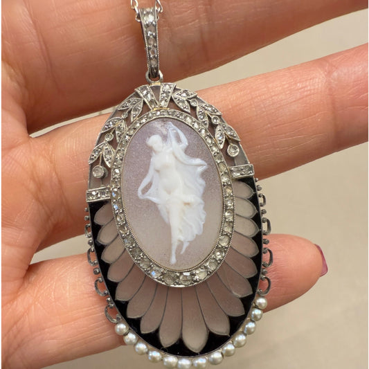 Edwardian Platinum & 18KT White Gold Cameo, Diamond, Enamel, Glass & Natural Pearl Necklace front