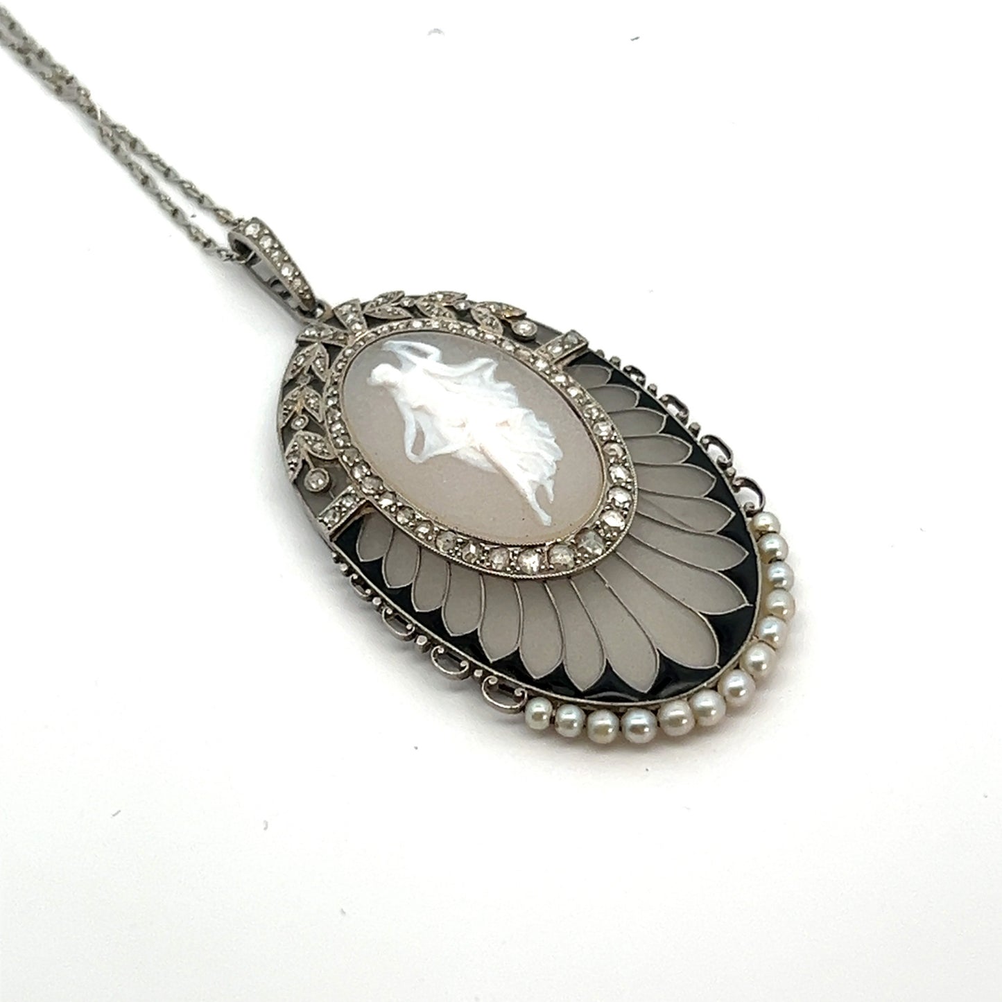 Edwardian Platinum & 18KT White Gold Cameo, Diamond, Enamel, Glass & Natural Pearl Necklace side