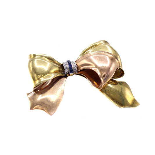 Cartier Retro 18KT Rose & Yellow Gold Diamond & Sapphire Bow Brooch front