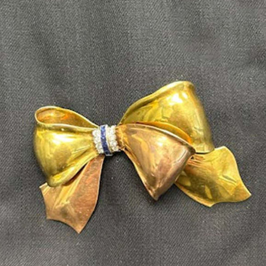 Cartier Retro 18KT Rose & Yellow Gold Diamond & Sapphire Bow Brooch front