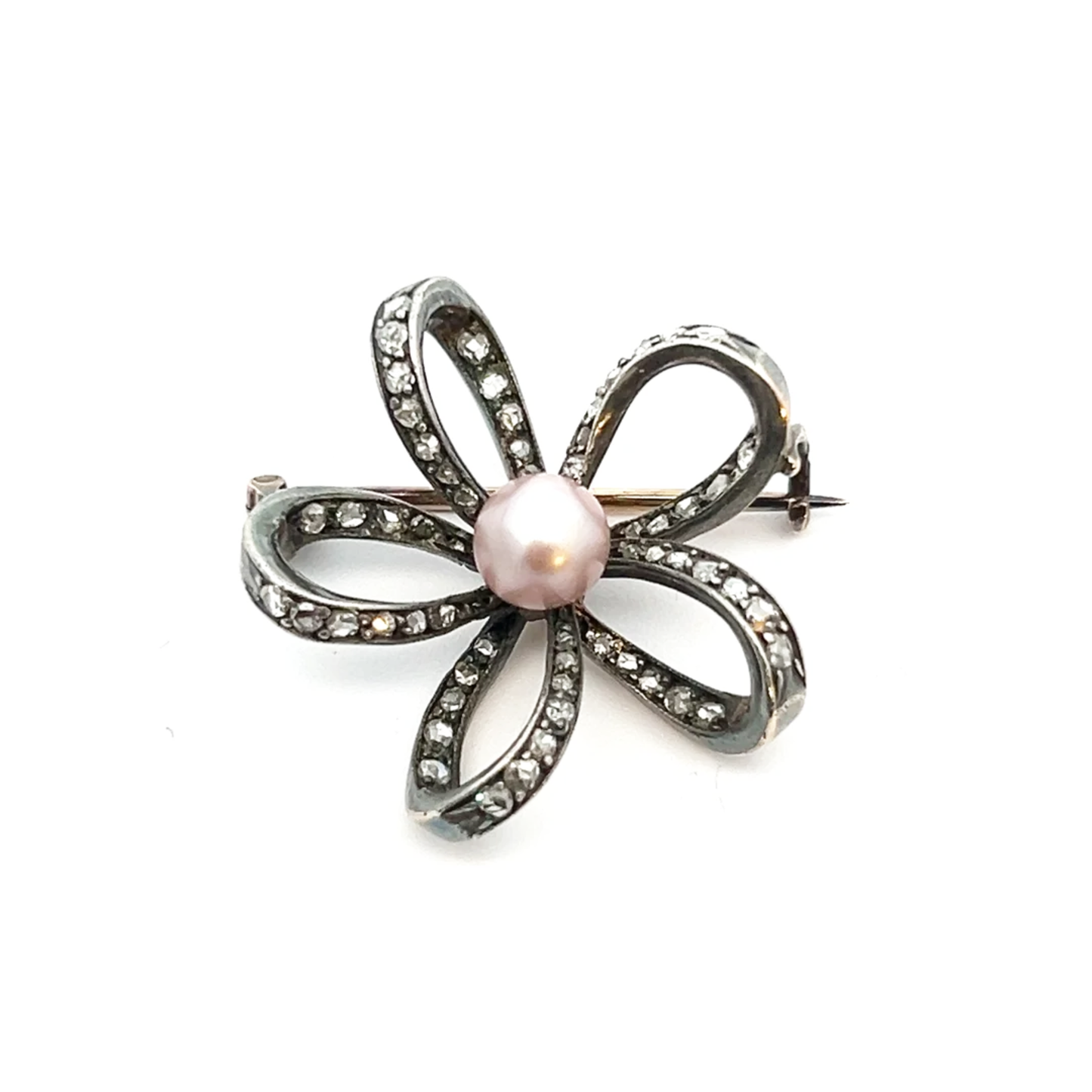 Antique Silver & 18KT Yellow Gold Natural Pearl & Diamond Brooch front