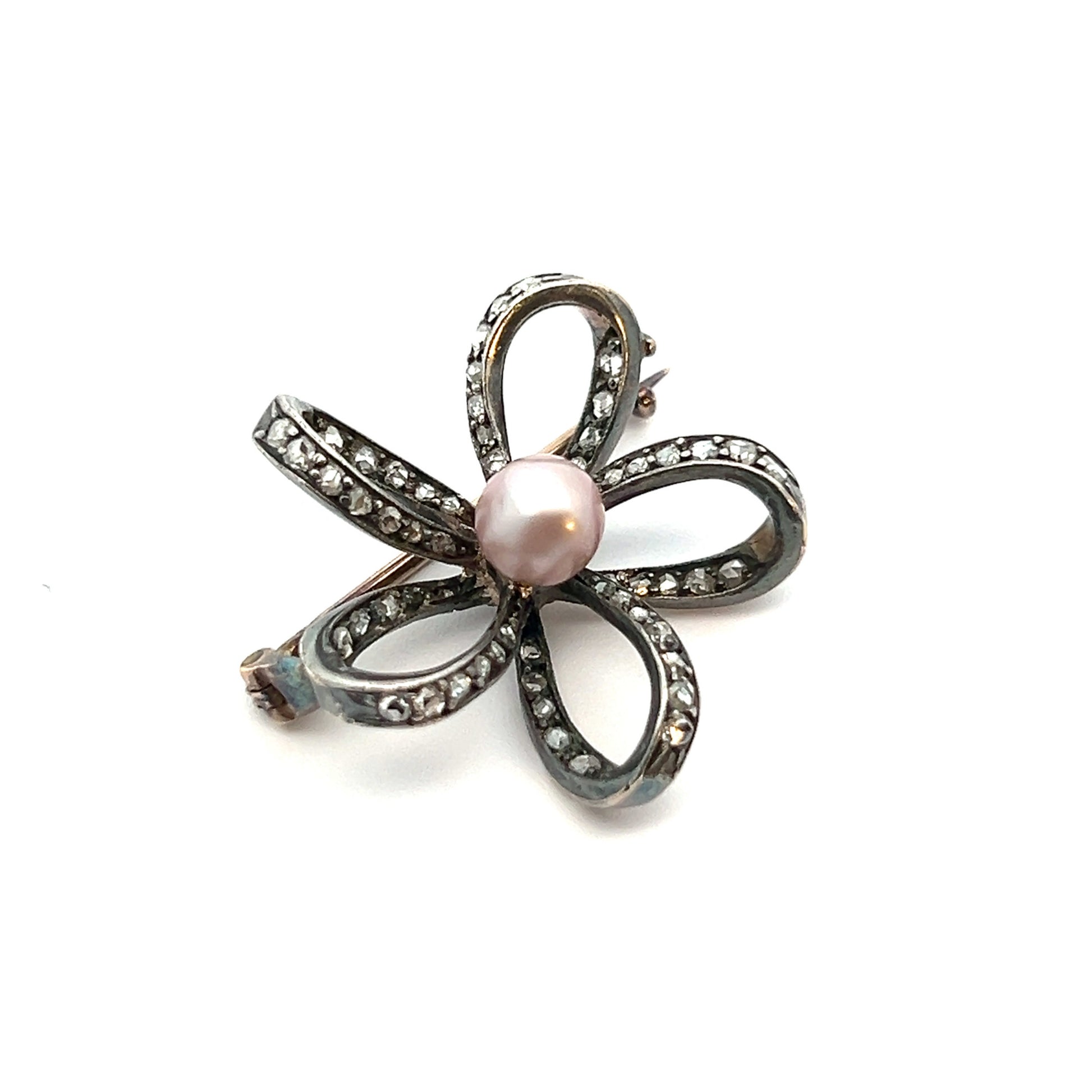 Antique Silver & 18KT Yellow Gold Natural Pearl & Diamond Brooch front