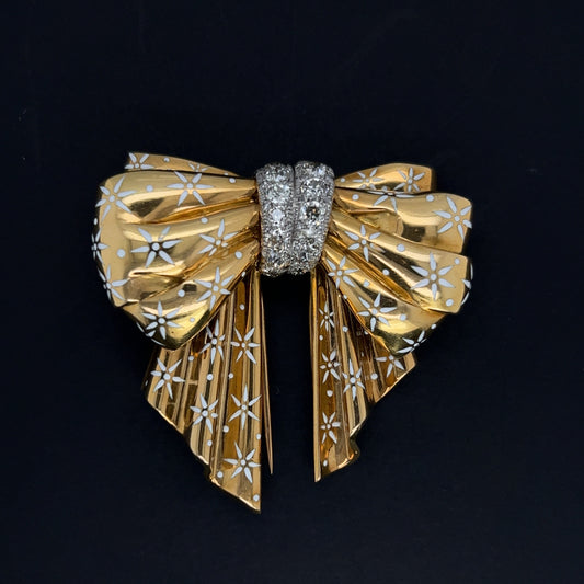 French 1950s 18KT Yellow Gold Diamond & Enamel Bow Brooch front