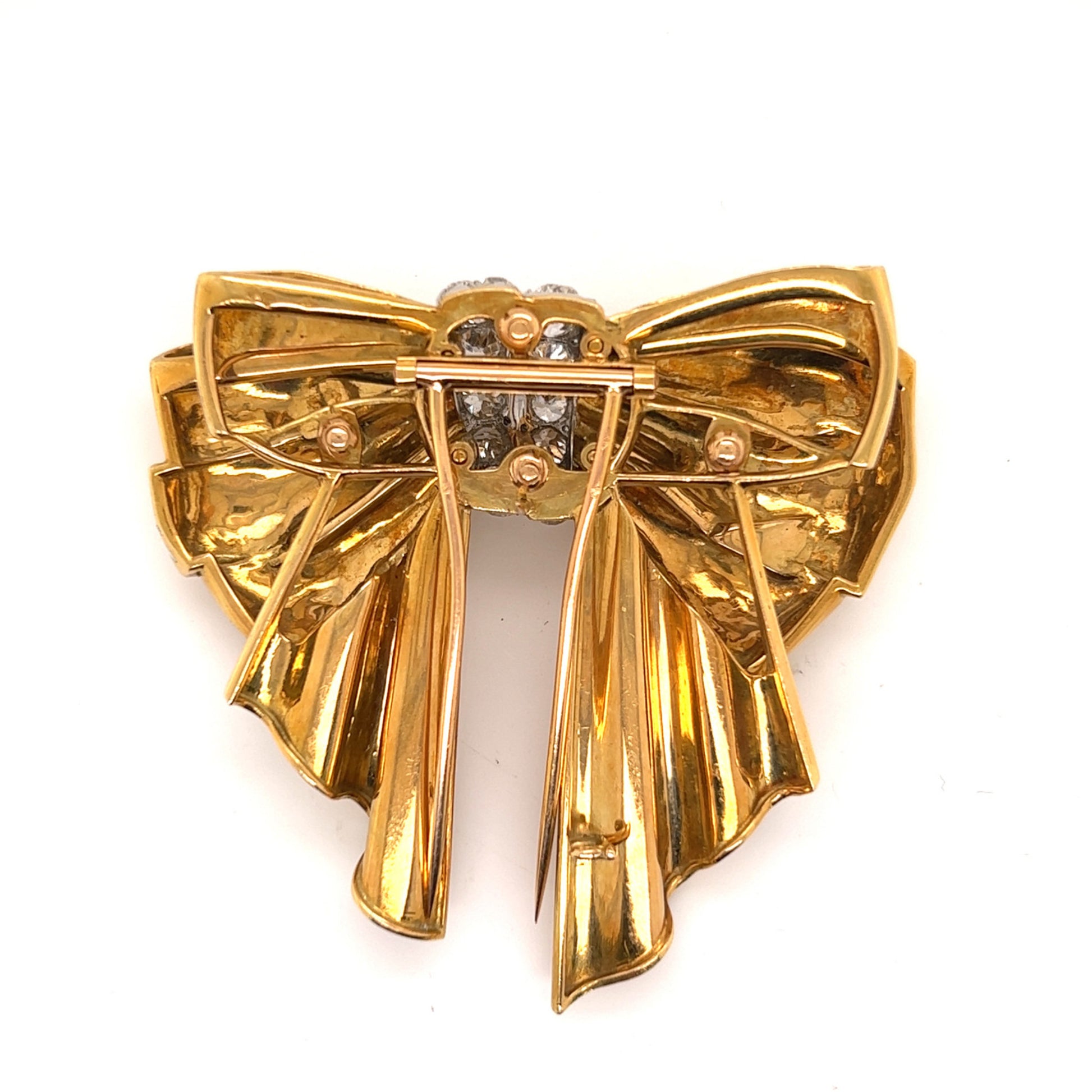 French 1950s 18KT Yellow Gold Diamond & Enamel Bow Brooch back