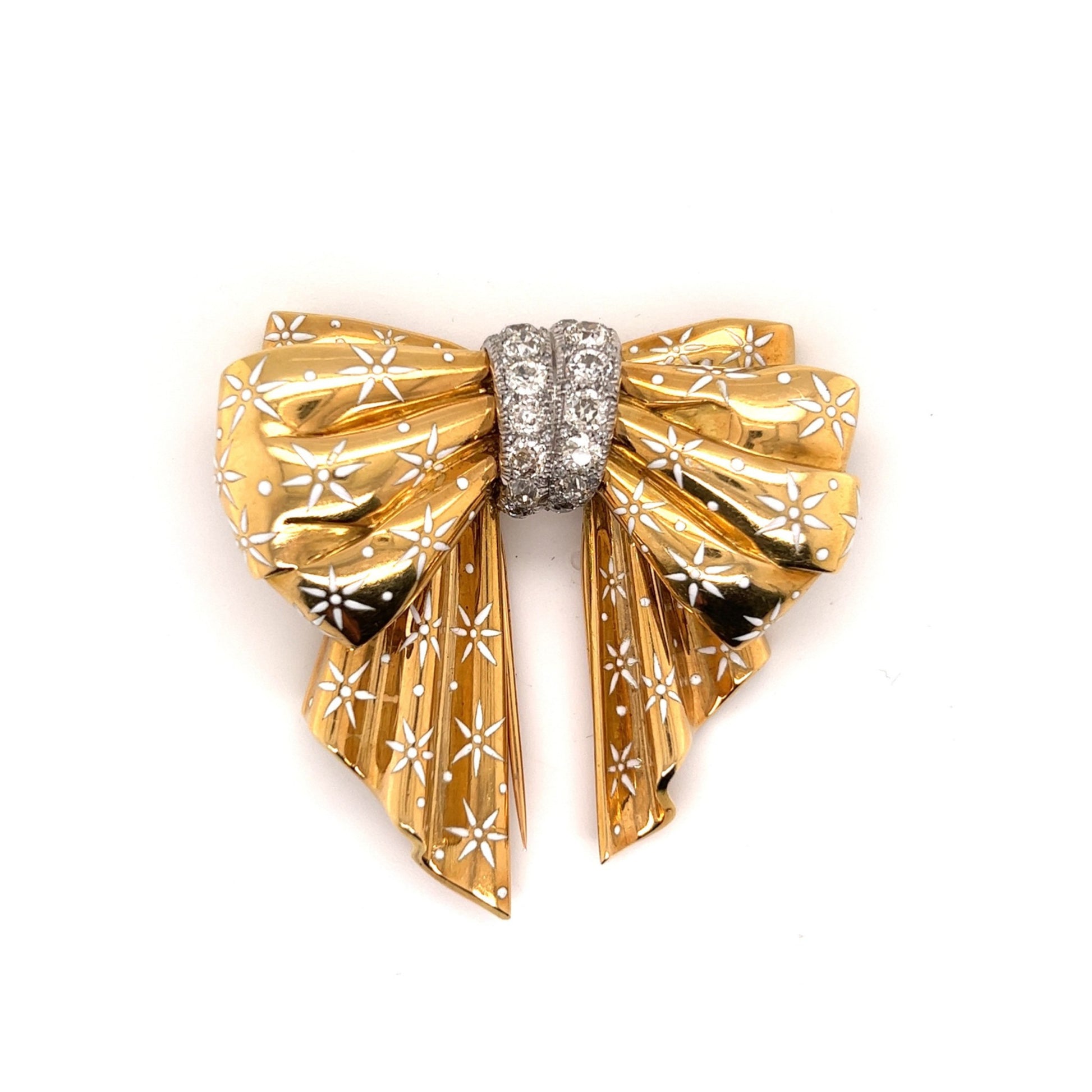 French 1950s 18KT Yellow Gold Diamond & Enamel Bow Brooch front