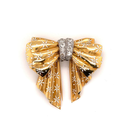 French 1950s 18KT Yellow Gold Diamond & Enamel Bow Brooch front