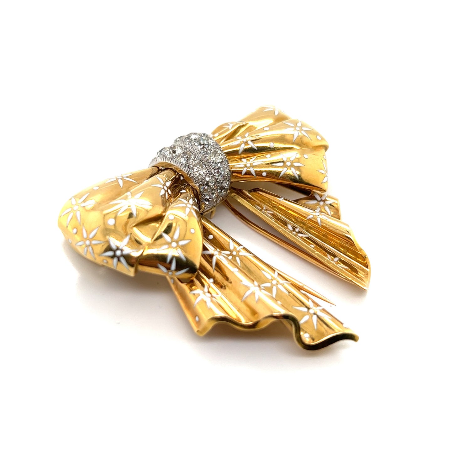 French 1950s 18KT Yellow Gold Diamond & Enamel Bow Brooch front