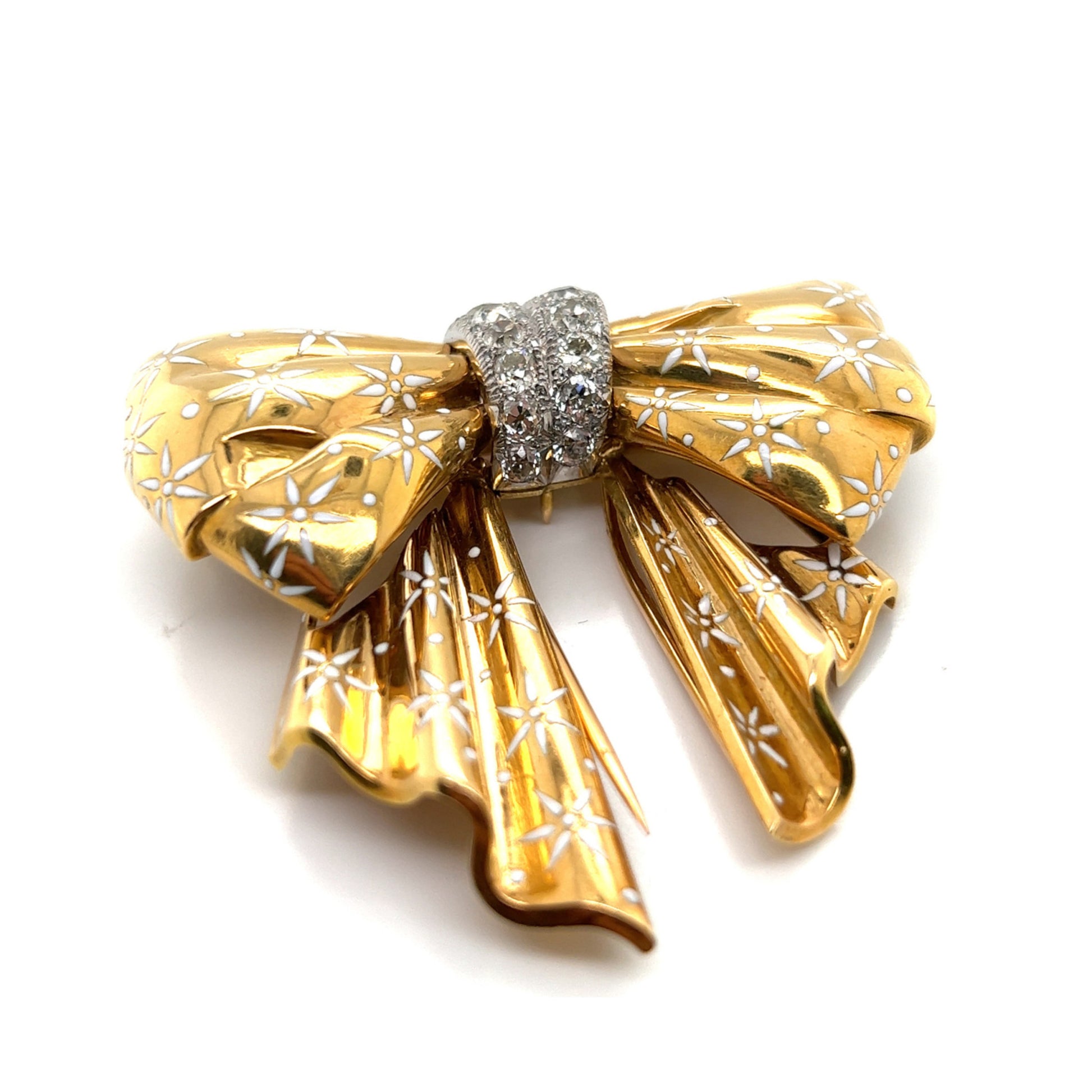 French 1950s 18KT Yellow Gold Diamond & Enamel Bow Brooch front