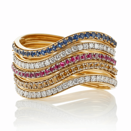 Oscar Heyman Bros NY 1970s Platinum & 18KT Yellow Gold Diamond, Ruby & Sapphire Bracelets front