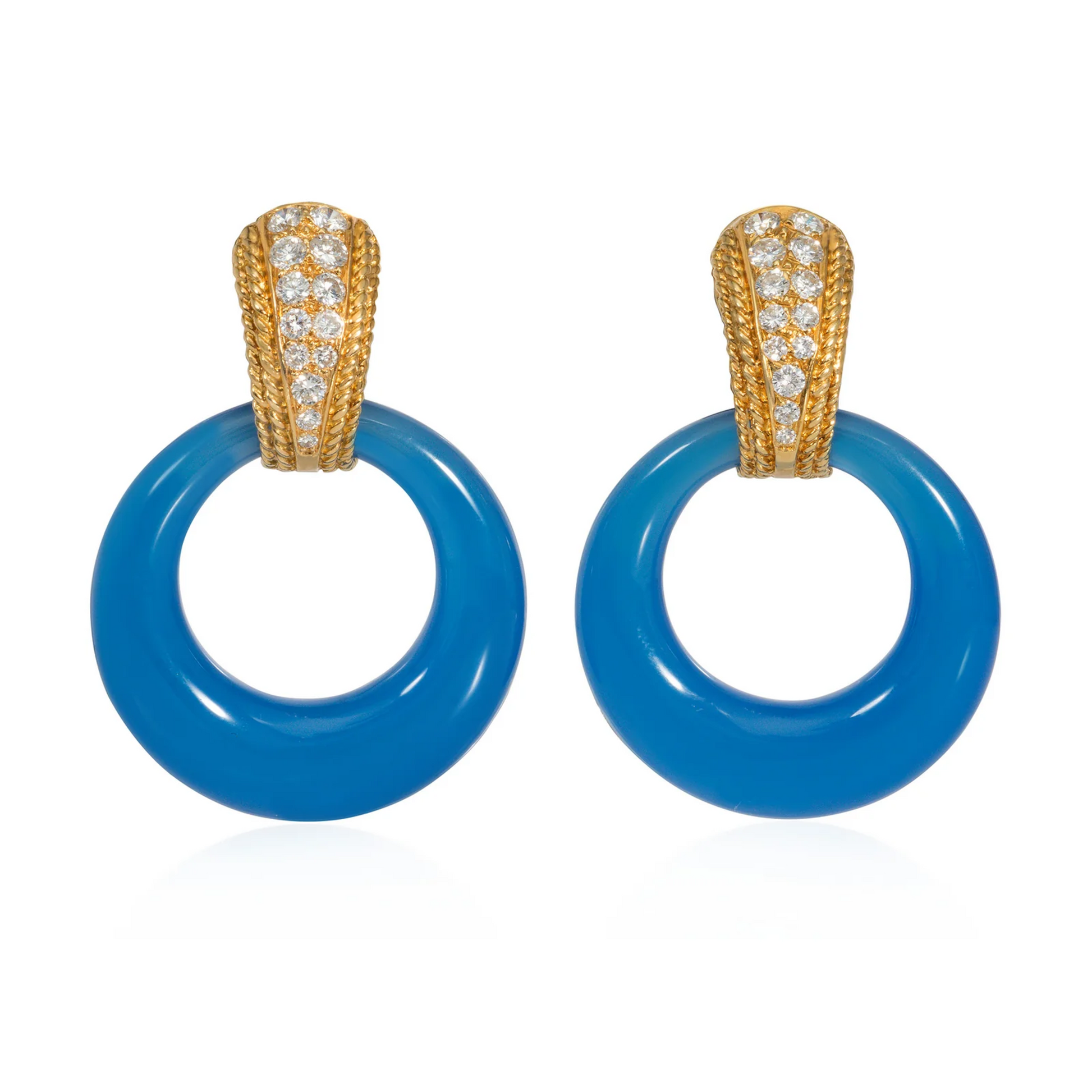 Van Cleef & Arpels French 1960s 18KT Yellow Gold Diamond, Chalcedony & Mother of Pearl Interchangeable Earrings front