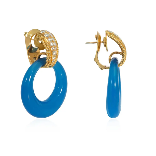 Van Cleef & Arpels French 1960s 18KT Yellow Gold Diamond, Chalcedony & Mother of Pearl Interchangeable Earrings side