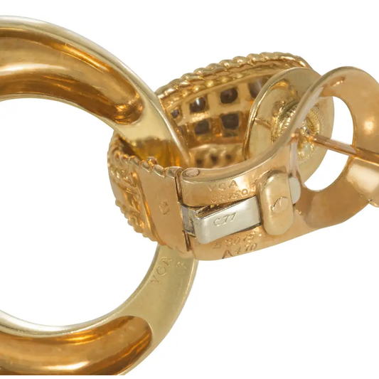 Van Cleef & Arpels French 1960s 18KT Yellow Gold Diamond, Chalcedony & Mother of Pearl Interchangeable Earrings signature