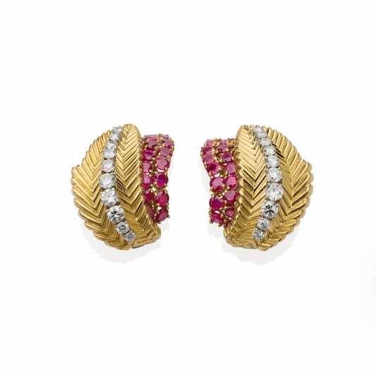 Van Cleef & Arpels Paris 1950s 18KT Yellow Gold Diamond & Ruby Earrings front