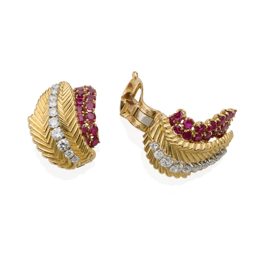 Van Cleef & Arpels Paris 1950s 18KT Yellow Gold Diamond & Ruby Earrings side