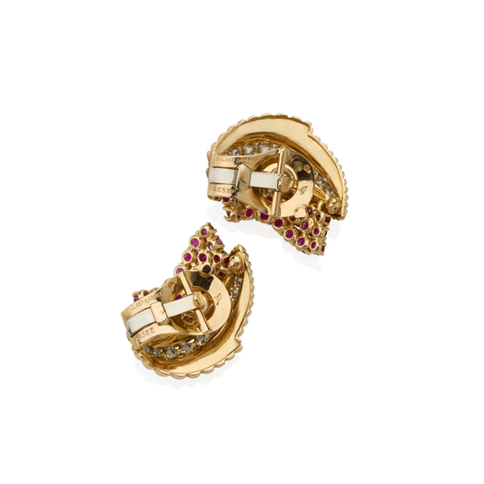 Van Cleef & Arpels Paris 1950s 18KT Yellow Gold Diamond & Ruby Earrings back