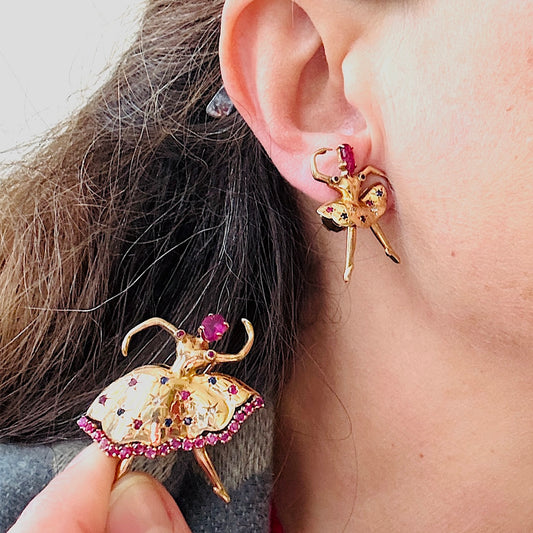 1950s 14KT Yellow Gold Ruby, Diamond & Sapphire Ballerina Set on ear