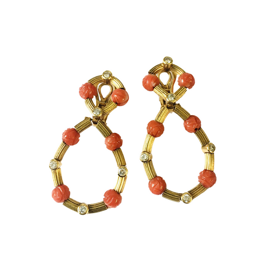 1960s 18KT Yellow Gold Coral & Diamond Earrings front