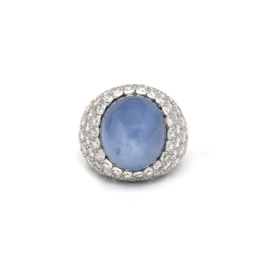 Post-1980s Platinum Star Sapphire & Diamond Ring front