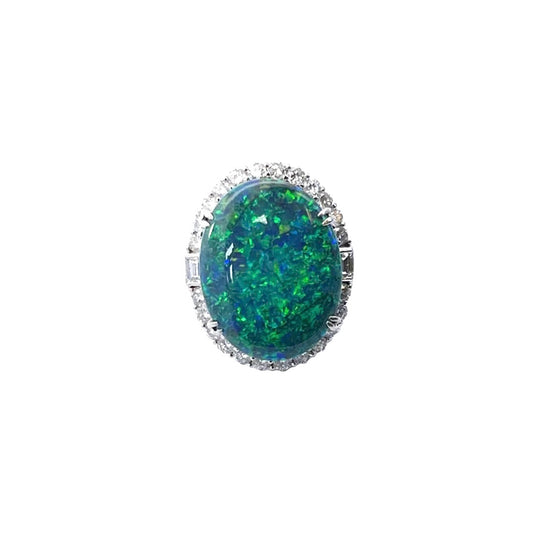 Post-1980s Platinum Black Opal & Diamond Ring front view