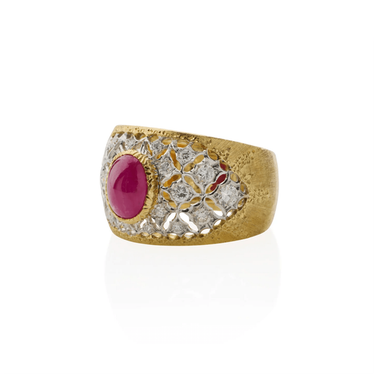 Buccellati Italy 1980s 18KT White & Yellow Gold Ruby & Diamond Ring side