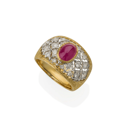 Buccellati Italy 1980s 18KT White & Yellow Gold Ruby & Diamond Ring front