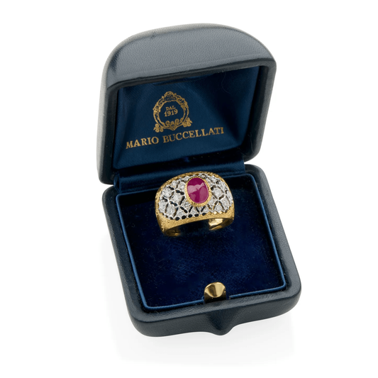 Buccellati Italy 1980s 18KT White & Yellow Gold Ruby & Diamond Ring in box