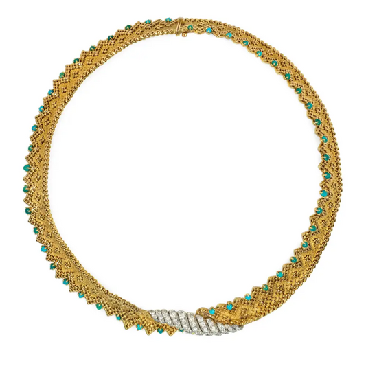 Georges Lenfant Paris 1950s Platinum & 18KT Yellow Gold Turquoise & Diamond Necklace front