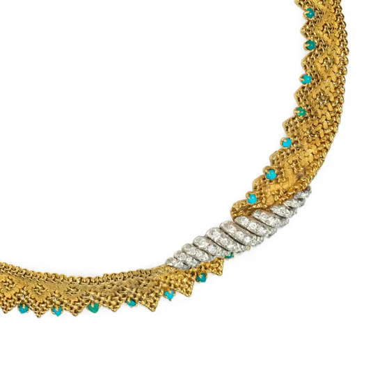 Georges Lenfant Paris 1950s Platinum & 18KT Yellow Gold Turquoise & Diamond Necklace close-up details