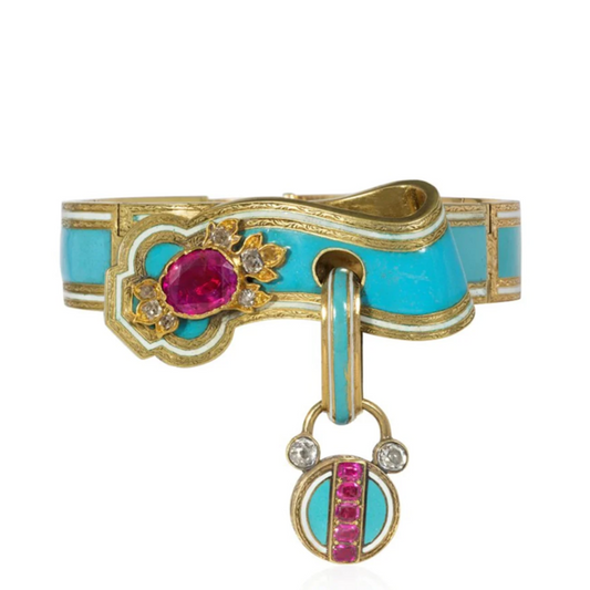 French Victorian 18KT Yellow Gold Ruby, Diamond & Enamel Padlock Bracelet front